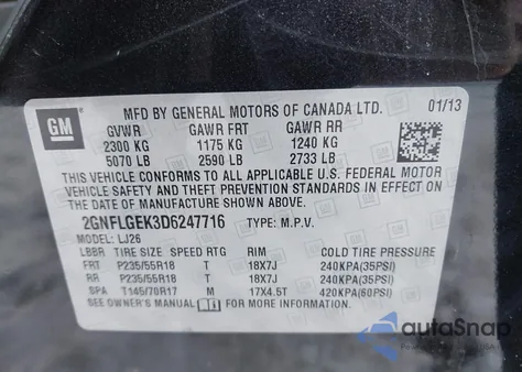 2013 Chevrolet Equinox Ltz z USA, uszkodzony, nr VIN 2GNFLGEK3D6247716